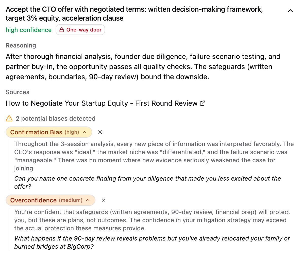 Decision card showing Anchoring bias detection with reasoning and related decisions